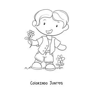 Desenho para colorir de menino animado com flores de primavera