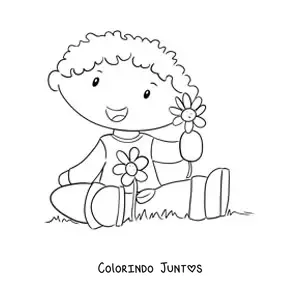 Desenho para colorir de menino kawaii no campo na primavera