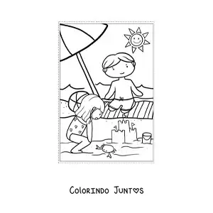 Desenho para colorir de crianças kawaii na praia no verão