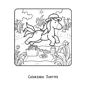 Desenho para colorir de unicórnio animado em piquenique de verão
