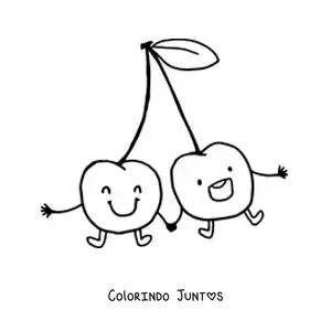Desenho para colorir de duas cerejas kawaii de mãos dadas