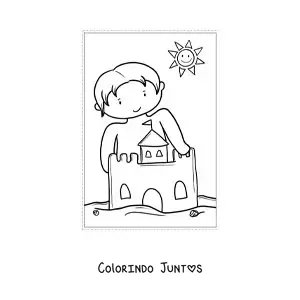 Desenho para colorir de menino kawaii com castelo de areia no verão