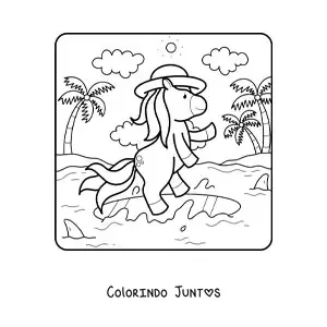 Desenho para colorir de unicórnio em uma paisagem de verão