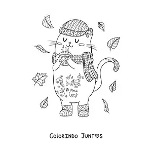 Desenho para colorir de gato kawaii animado no outono