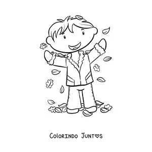 Desenho para colorir de menino kawaii brincando com folhas de outono