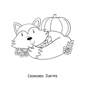 Desenho para colorir de raposa kawaii com folhas de outono