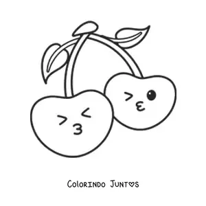 Desenho para colorir de duas cerejas kawaii mandando beijos