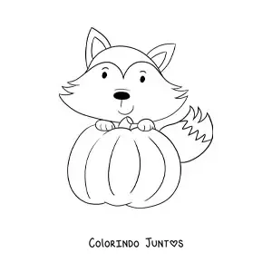Desenho para colorir de raposa kawaii com abóbora