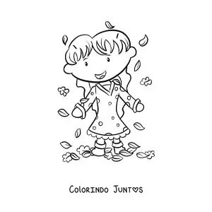 Desenho para colorir de menina brincando com folhas de outono