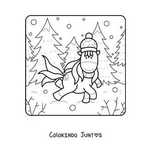 Desenho para colorir de unicórnio em uma floresta de inverno