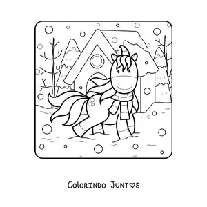 Desenho para colorir de unicórnio passeando no inverno