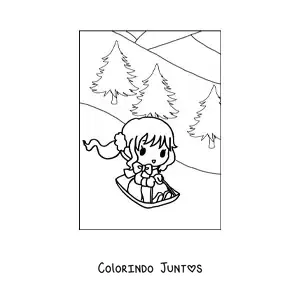 Desenho para colorir de menina kawaii com trenó