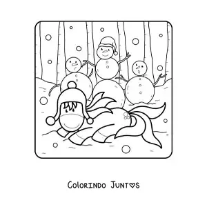 Desenho para colorir de unicórnio com bonecos de neve