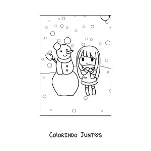 Desenho para colorir de menina kawaii com boneco de neve