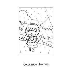 Desenho para colorir de menina kawaii em uma floresta de inverno