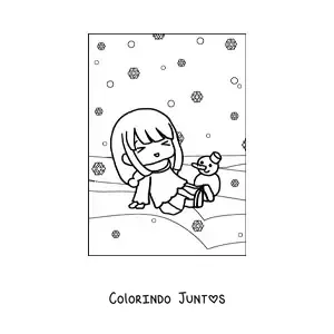 Desenho para colorir de menina kawaii na nevasca de inverno