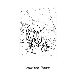 Desenho para colorir de menina kawaii brincando na neve