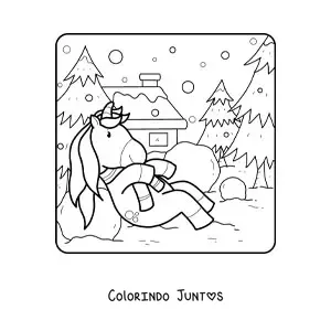Desenho para colorir de unicórnio brincando na neve