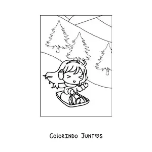 Desenho para colorir de menina kawaii feliz no trenó