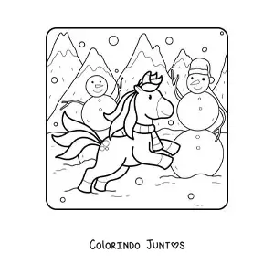 Desenho para colorir de unicórnio e bonecos de neve