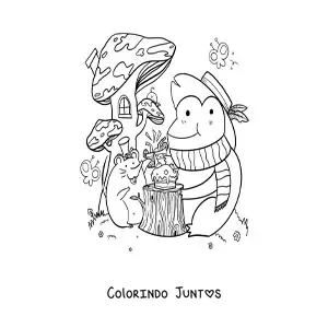 Desenho para colorir de sapo e rato animados kawaii em uma festa