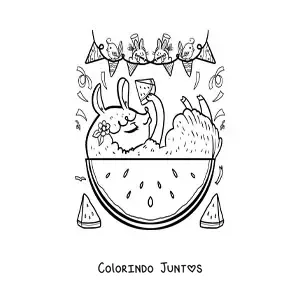 Desenho para colorir de animais kawaii animados comendo melancia
