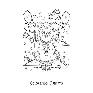 Desenho para colorir de ursinha kawaii animada com vestido e balões