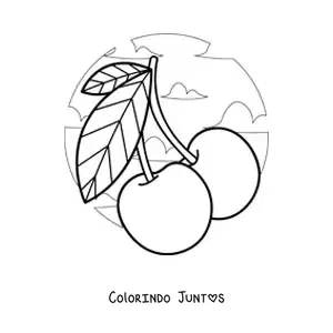 Desenho para colorir de duas cerejas com nuvens ao fundo