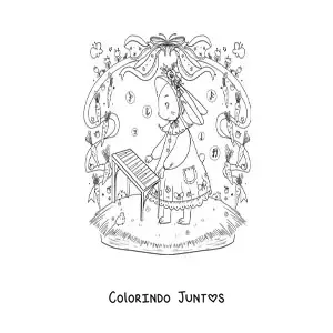Desenho para colorir de coelhinha kawaii animada tocando piano