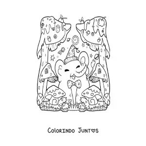 Desenho para colorir de elefante kawaii animado com cogumelos de fantasia