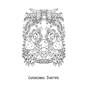 Desenho para colorir de carneiros kawaii animados com flores