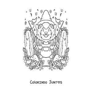 Desenho para colorir de leão kawaii animado com cacto
