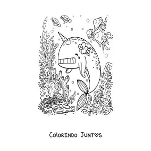 Desenho para colorir de narval kawaii animado no mar