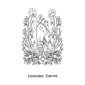 Desenho para colorir de coelhinho kawaii animado colhendo laranjas