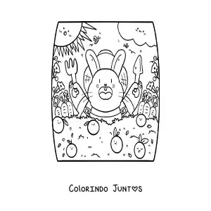 Desenho para colorir de coelho fofo animado comendo laranjas