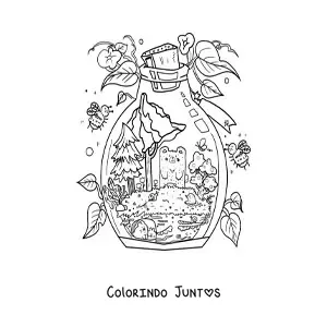 Desenho para colorir de ursinho kawaii animado em uma floresta mágica dentro de uma garrafa