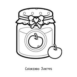 Desenho para colorir de um pote de geleia de cereja com uma cereja ao lado