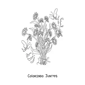 Desenho para colorir de buquê de flores com rato kawaii animado e borboletas