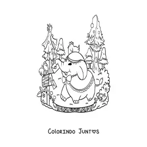 Desenho para colorir de elefante kawaii animado buscando sua correspondência na floresta