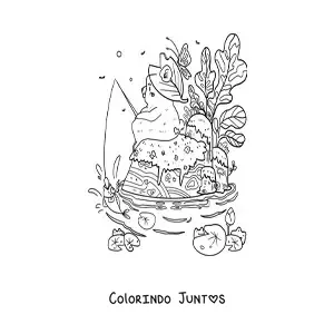 Desenho para colorir de urso kawaii animado sentado à beira do lago
