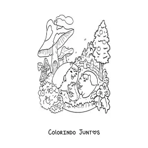 Desenho para colorir de porcos-espinhos kawaii animados em um jardim mágico