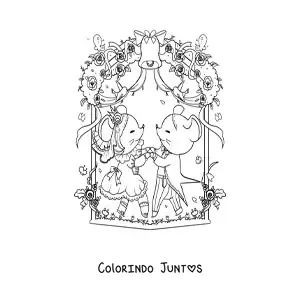 Desenho para colorir de ratos kawaii animados dançando a valsa