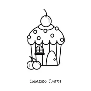 Desenho para colorir de uma casa de cupcake com uma cereja no teto