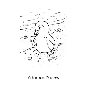Desenho para colorir de pinguim na beira da praia