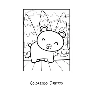 Desenho para colorir de ursinho kawaii na floresta