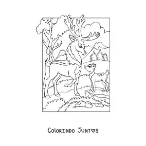 Desenho para colorir de veados na floresta
