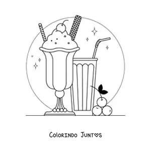 Desenho para colorir de um sorvete com cerejas e um copo com canudo