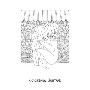 Desenho para colorir de preguiças da floresta tropical
