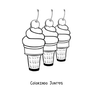 Desenho para colorir de três sorvetes em fila com cerejas