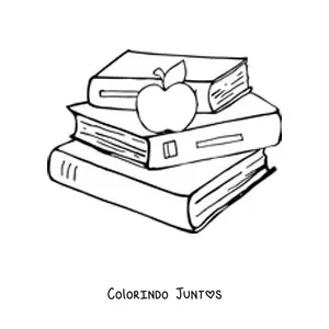 Desenho para colorir de uma maçã sobre uma pilha de livros escolares